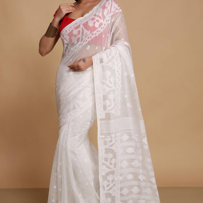 BENGAL HANDLOOM Women's Cotton Silk Dhakai Exclusive Softs Dual Color Jamdani Sarees (White White)