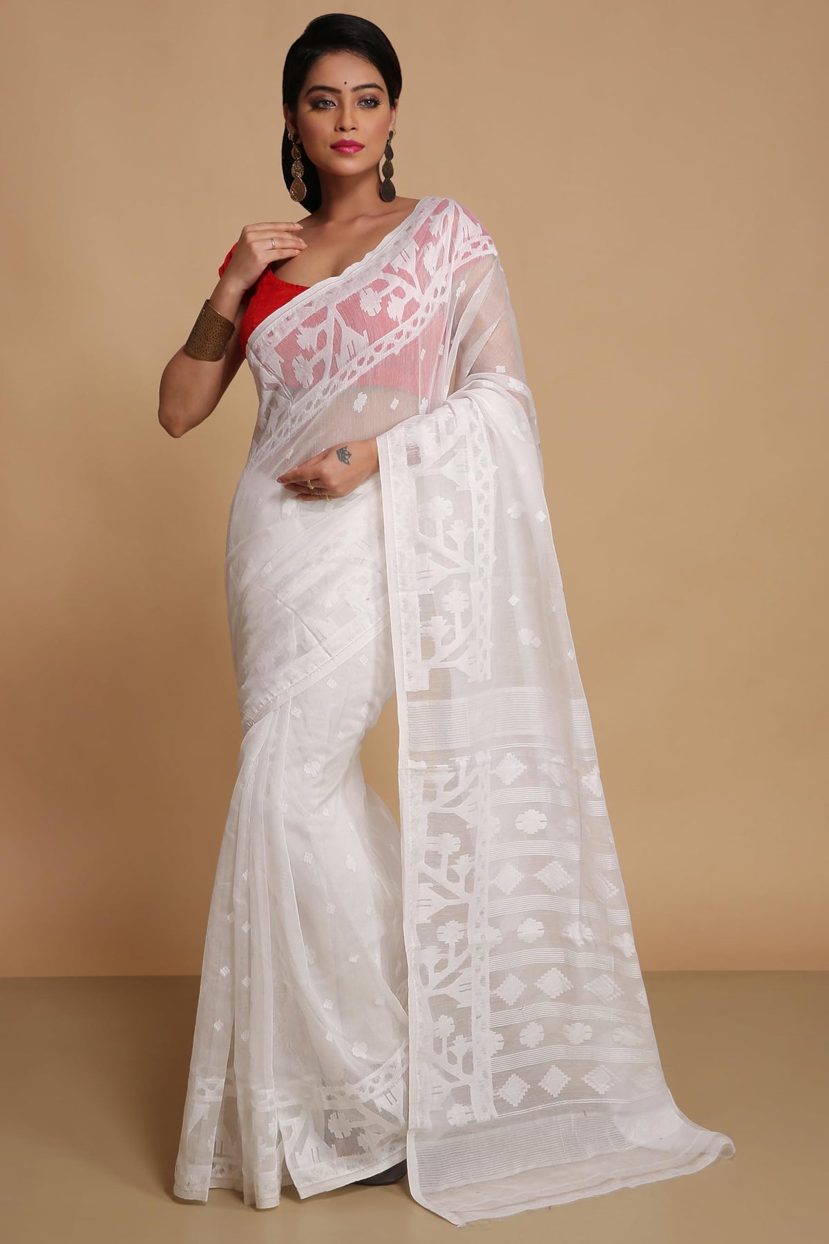 BENGAL HANDLOOM Women's Cotton Silk Dhakai Exclusive Softs Dual Color Jamdani Sarees (White White)