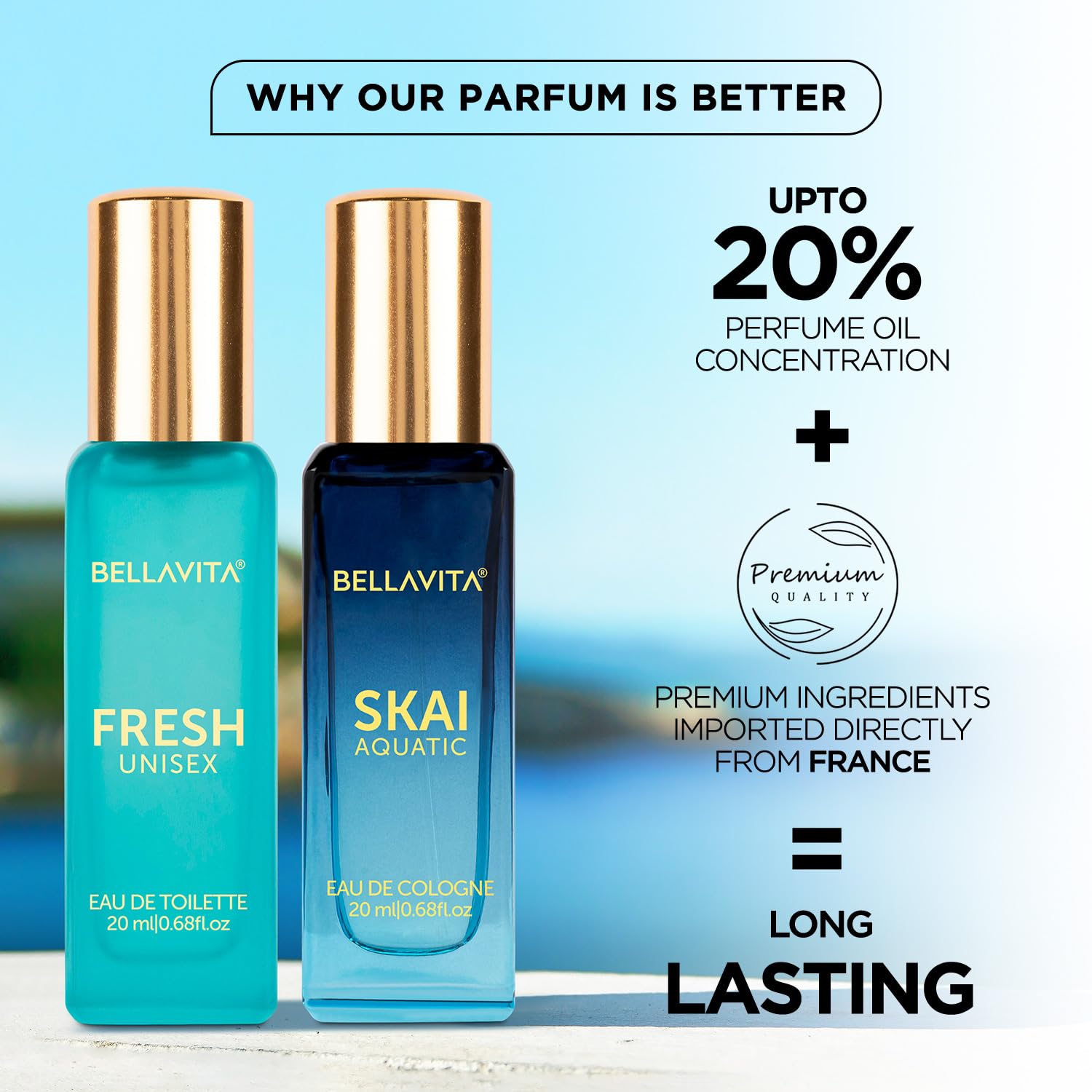 Bella Vita Luxury Skai Aquatic EDC & Fresh EDT Unisex Perfume Combo with Bergamot,Ylang Ylang,Pink Pepper|Long Lasting Fragrance Scent|Pack of 2, 20Ml Each