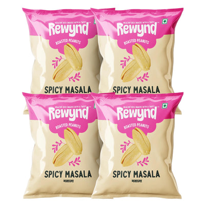 Rewynd Roasted Spicy Masala Peanuts|Pack of 4 (4 x 140g) |Roasted Flavoured Peanuts | High Protien & Low Carbs| Roasted Not Fried | 100% Veg. | Healthy Snack for Anytime Snacking