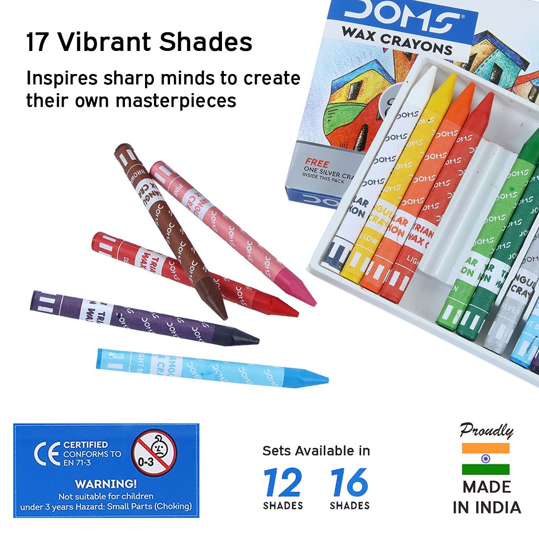 Doms Non- Toxic Triangle Extra Long Wax Crayons Set In Cardboard Box - 12+1 Assorted Shades