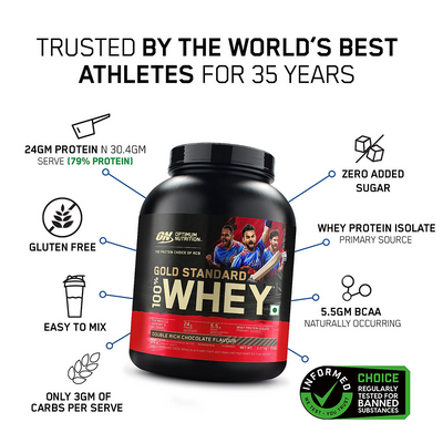 Gold Standard 100% Whey Protein Powder | Double Rich Chocolate | 5 lbs and Optimum Nutrition (ON) Gold Standard Pre-Workout- 142.5g/15 single serve packs (Green Apple Flavor), For Energy, Focus, Power, Endurance & Performance