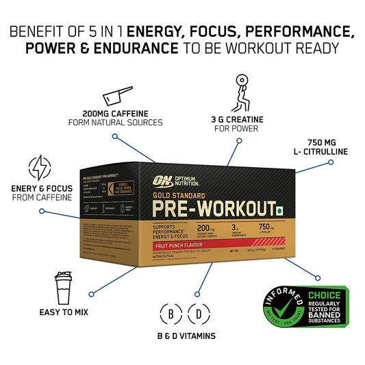 Optimum Nutrition (ON) Gold Standard Pre-Workout- 142.5g/15 single serve packs (Fruit Punch Flavor), For Energy, Focus, Power, Endurance & Performance and Optimum Nutrition Gold Standard Pre-Workout- 142.5g/15 single serve packs (Green Apple Flavor)