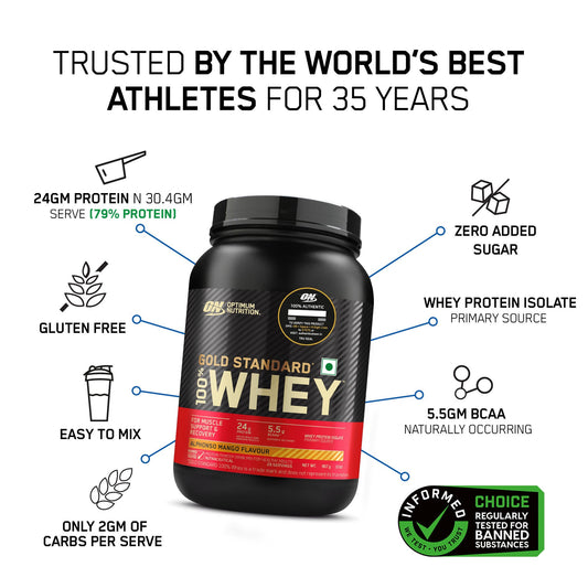 Limited Edition Optimum Nutrition (ON) Gold Standard 100% Whey Protein Powder 2 lb, 907g (Alphonso Mango)