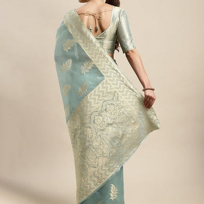 Blue & Gold-Toned Ethnic Motifs Zari Organza Kanjeevaram Saree