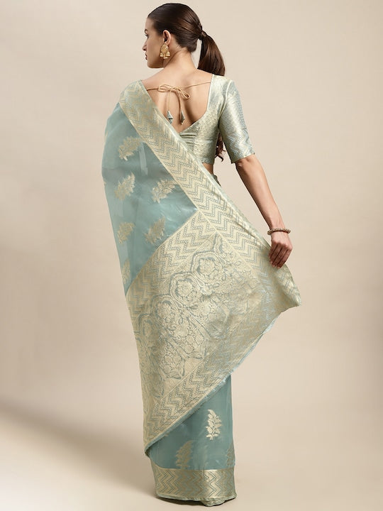 Blue & Gold-Toned Ethnic Motifs Zari Organza Kanjeevaram Saree