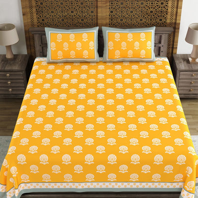 BLOCKS OF INDIA Yellow Ethnic Motifs Cotton 210 TC Super King Bedsheet & 2 Pillow Covers