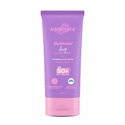 Aqualogica Illuminate+ Dewy Sunscreen SPF 50+ PA++++ with Wild Berries & Alpha Arbutin, Protection Against Uva/B & Blue Light Protection