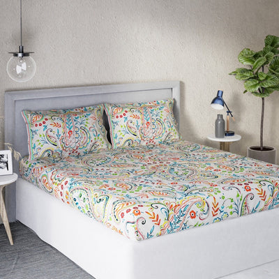 DDecor White & Turquoise Blue Motifs 140 TC Cotton Queen Bedsheet with 2 Pillow Covers