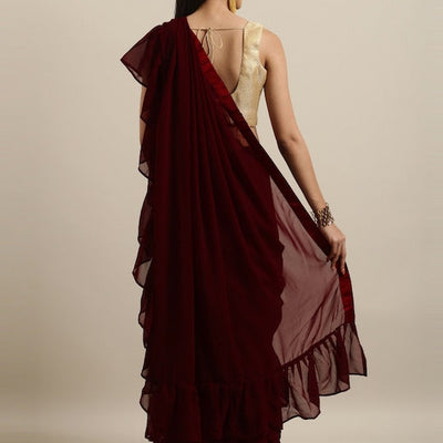 Burgundy Solid Poly Georgette Ruffled Saree