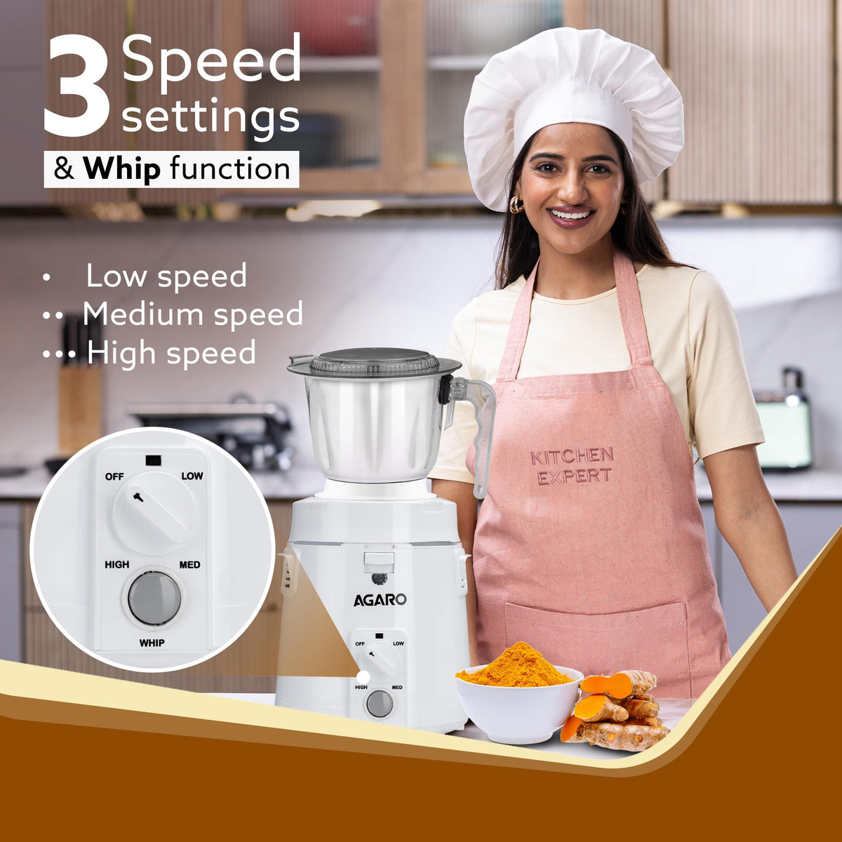AGARO Royal Mixer Grinder 900W, Heavy Duty, 100% Pure Copper Motor, 3 Stainless Steel Jar, 3 Speed, Whip Function, Stainless Steel Blades,Wet & Dry Grinding, White