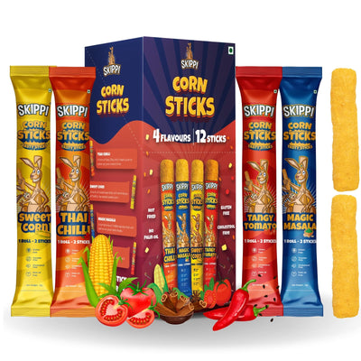 Skippi Cornsticks Snack | Snacks for Kids & Adults | Not Baked Not Fried | Gluten Free Snacks Combo 4 flavours (3 Sweet Puffcorn, 3 Magic Masala, 3 Tangy Tomato & 3 Thai Chilli) 12 Sticks