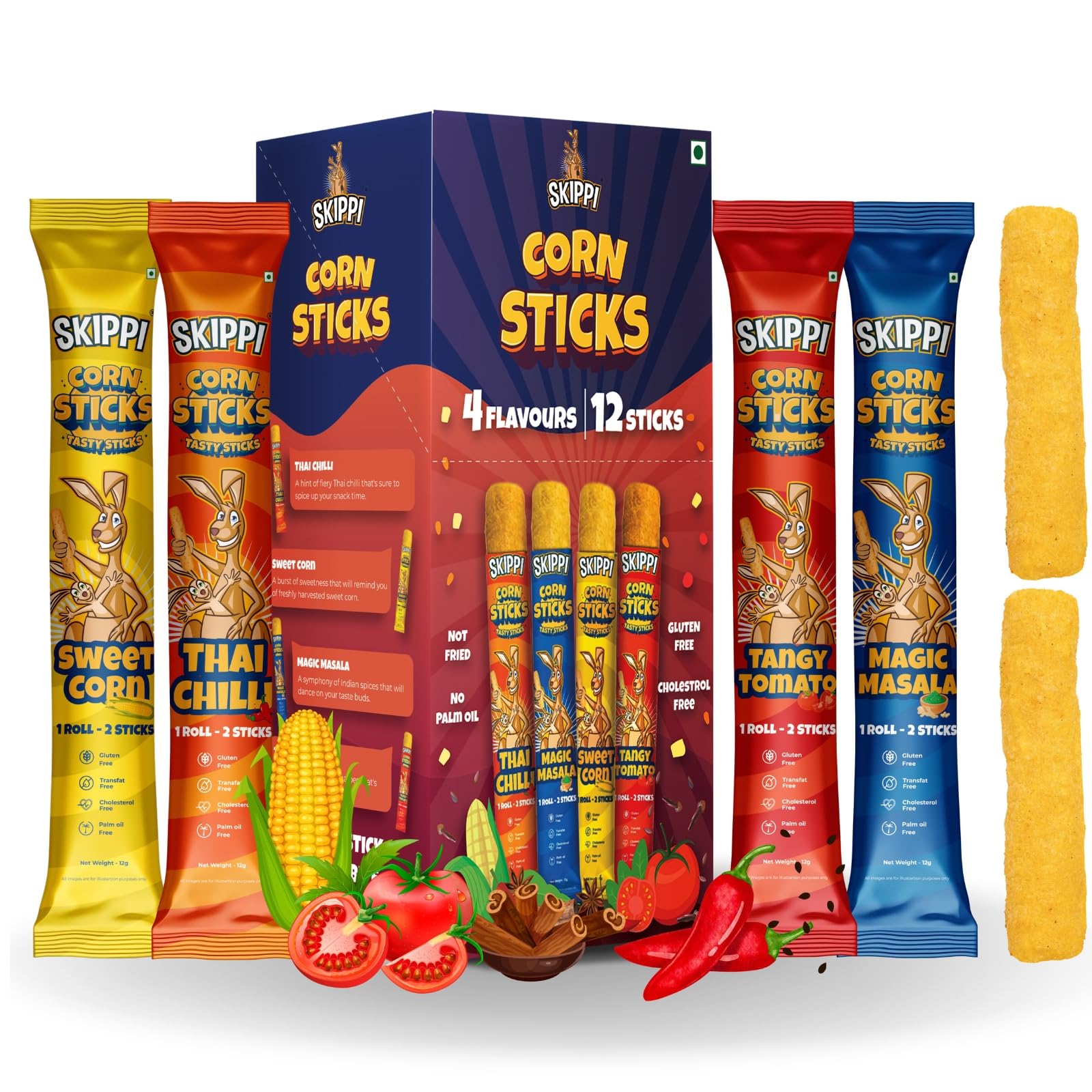 Skippi Cornsticks Snack | Snacks for Kids & Adults | Not Baked Not Fried | Gluten Free Snacks Combo 4 flavours (3 Sweet Puffcorn, 3 Magic Masala, 3 Tangy Tomato & 3 Thai Chilli) 12 Sticks