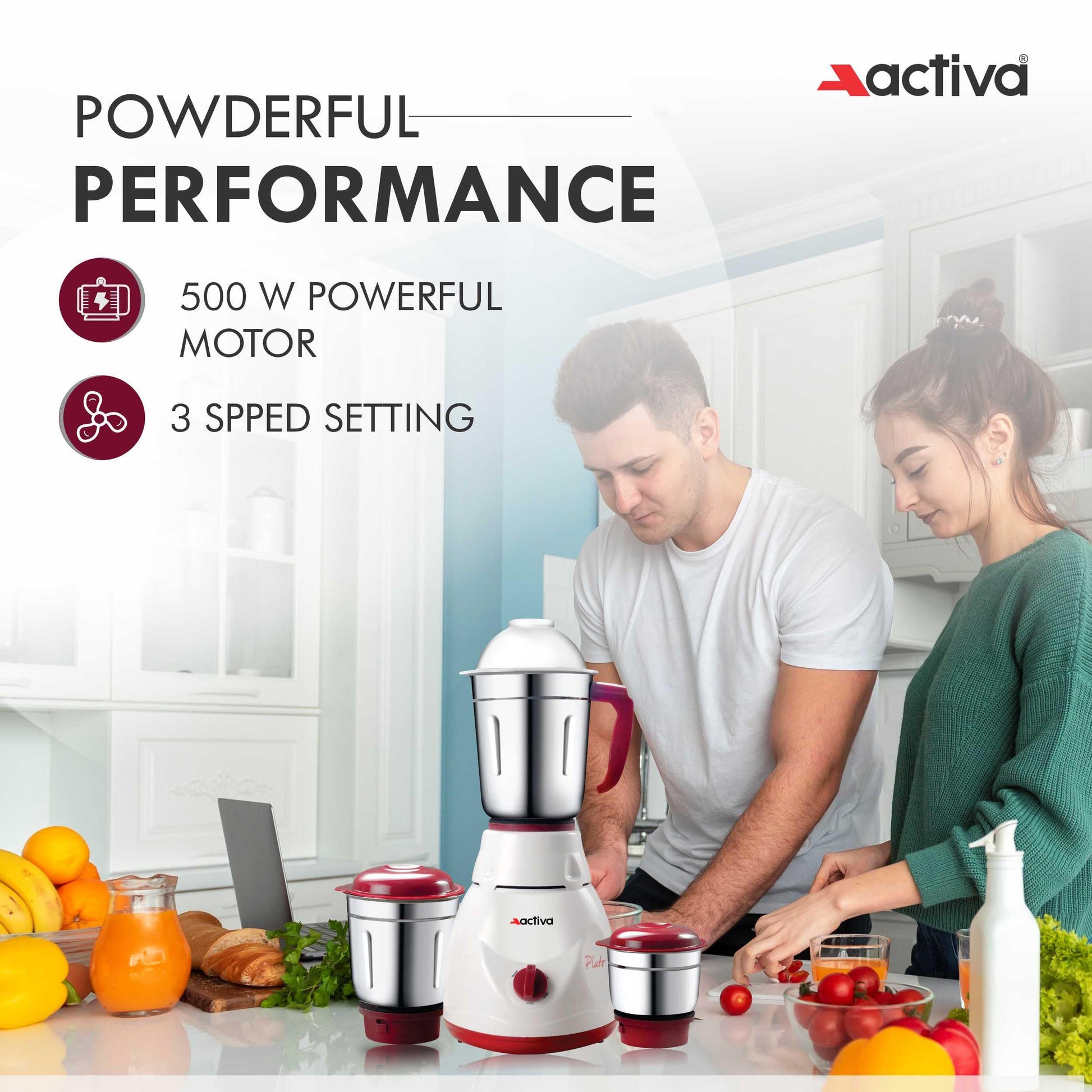 Activa Pluto Combo 500 Watt 3 Jar Mixer Grinder With Electric Dry Iron Come With 2 Year Warranty - Multicolor
