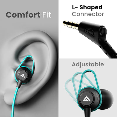 Boult Audio Bassbuds Loop 2 Wired in Ear Earphones with Mic, 10mm Powerful Driver for Extra Bass with Customizable Ear Loop (Teal Blue)