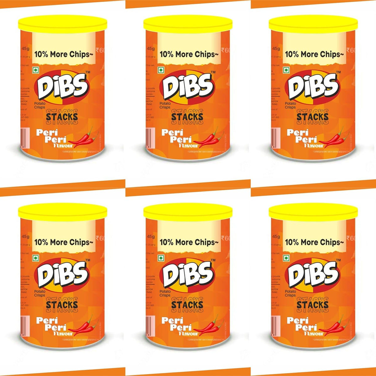 Dibs stacks (Pack of 6, 45 GM Each) Peri Peri Potato Crisps Chips On the Go Adventure, Crunchy Healthy and Tasty Chips, Snacks Chips