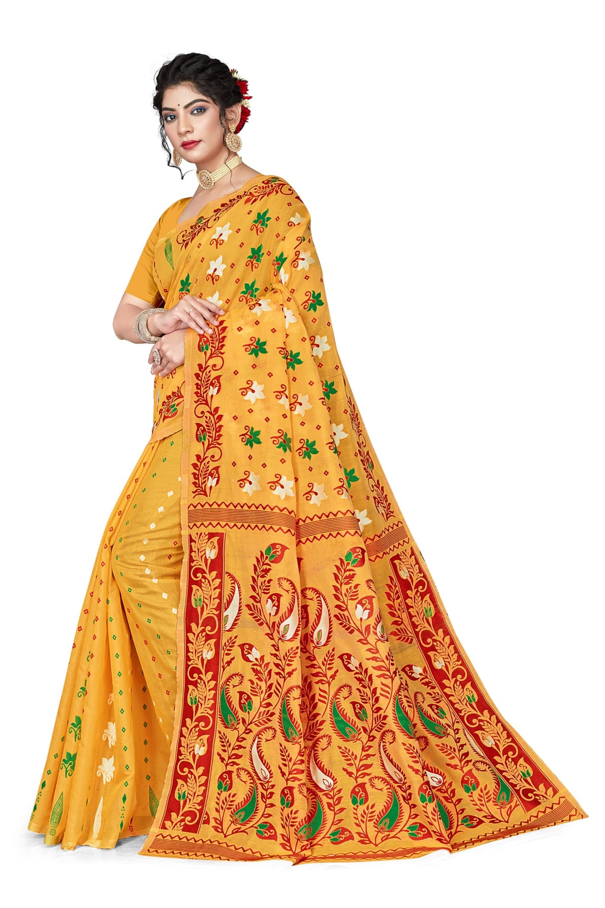BROYAAR SHOP Women Soft Resham Dhakai Jamdani Relaxed Fit Blend Silk Saree Whole Body Design Without Regular Fit Blouse Piece(Gold)