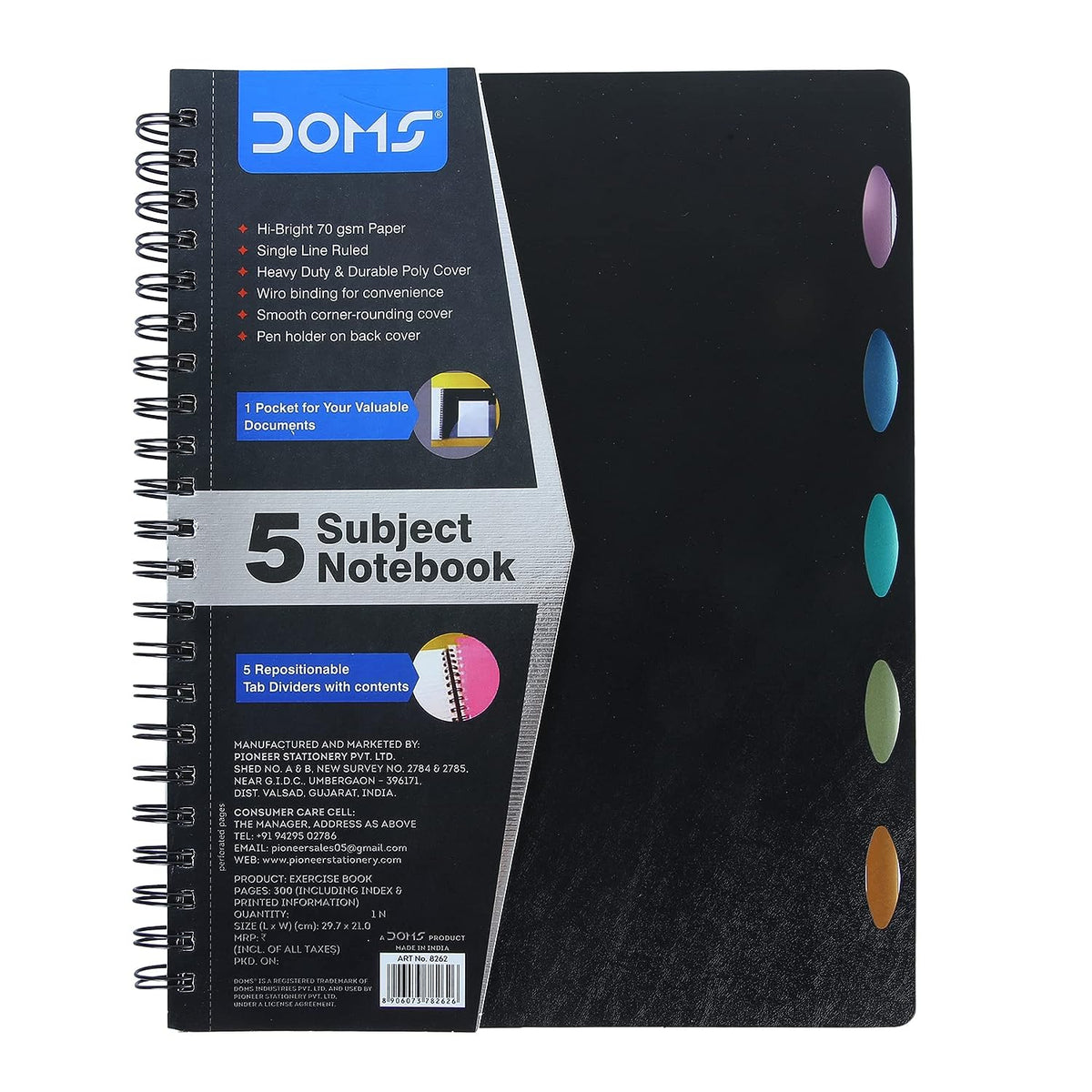 Doms Wiro Binding Notebook | 5 Subject Book | Single Line Ruled | 300 Pages | 29.7 x 21 cm | Pack of 1