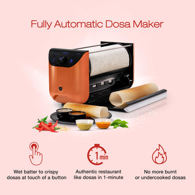 EVOCHEF EC Flip Automatic Dosa Maker, 1-Minute Dosas, 360° Food Grade Coated Roller, Easy Cooking Time & Thickness Control, Touch Controls, Compact & Portable, 1600W, 1 Year Warranty, Metallic Orange