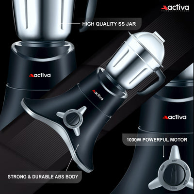 ACTIVA ABS Super Chef 900 Watts Powerful Motor Mixer Grinder With 4 Jars | 2 Years Motor, Black