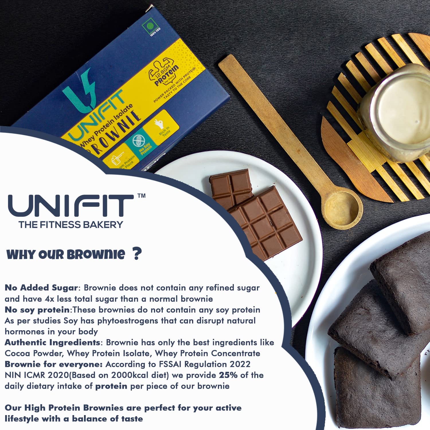 UNIFIT Chocolate Brownie|Ready To Eat|Whey Protein|High Source Of Protein & High Fibre|No Added Sugar|Brownie Cake|Chocolate|Pack Of 4-12.8 Gram