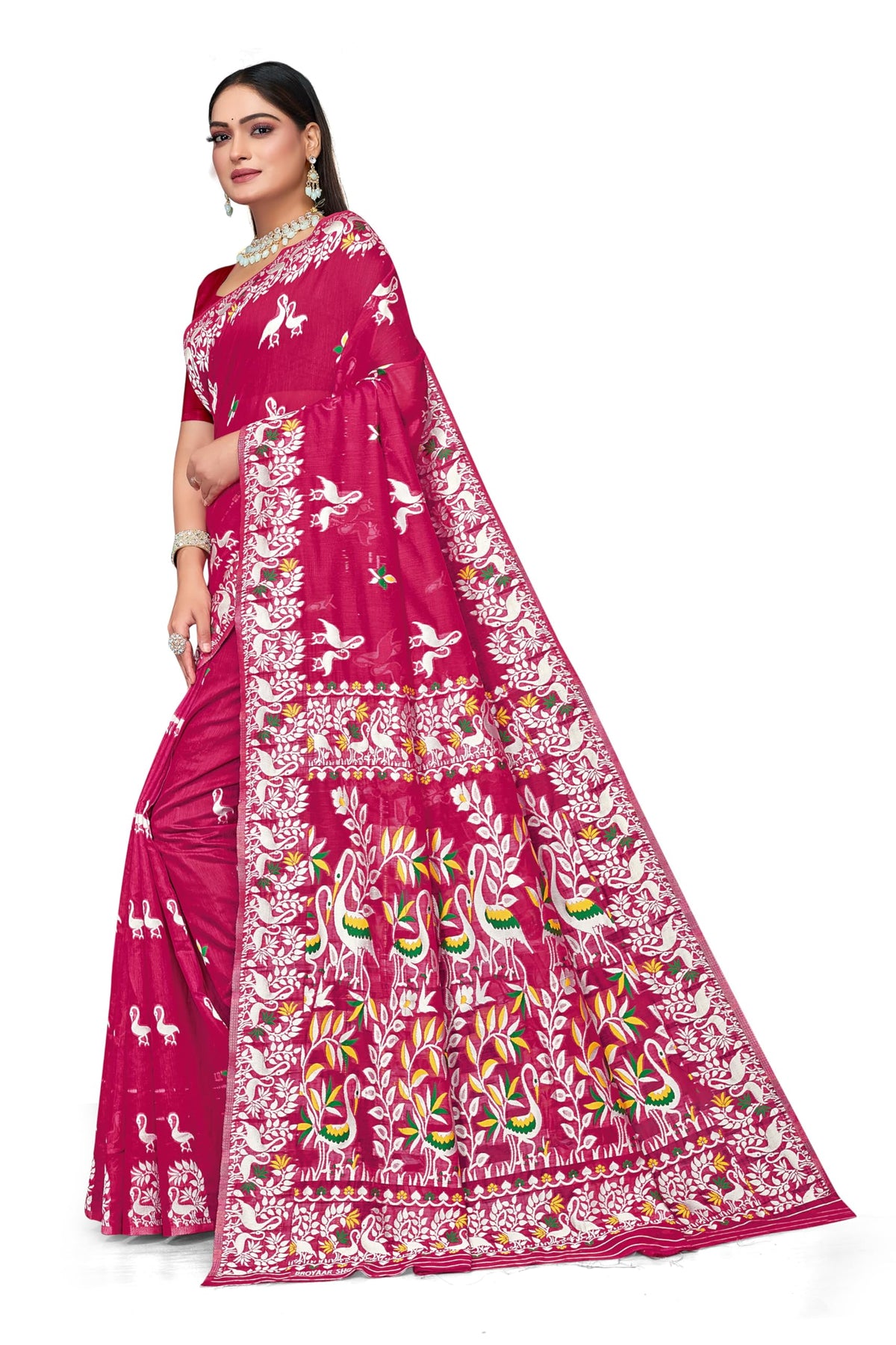 BROYAAR SHOP Jamdani Designer Cotton Blend Silk Saree for Women Without Blouse (Rani)