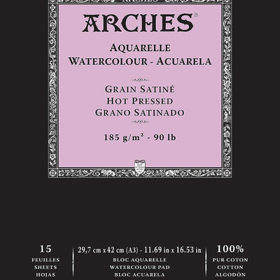 Arches Watercolour 185 GSM Hot Pressed Natural White A3 Paper Pad, 15 Sheets