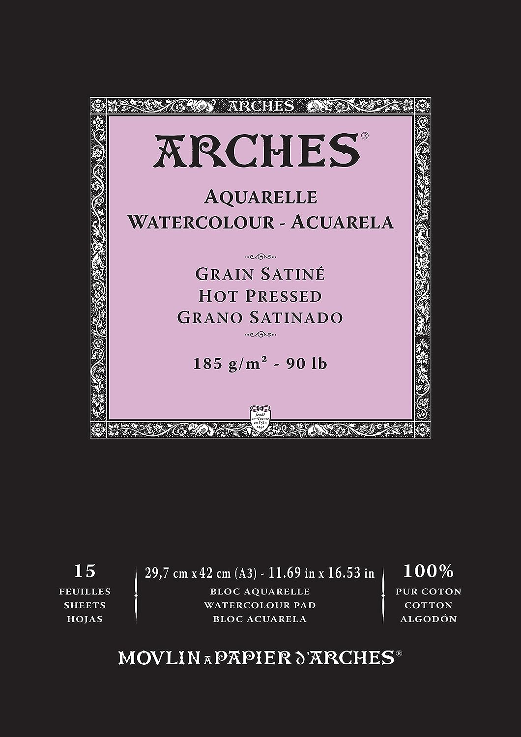 Arches Watercolour 185 GSM Hot Pressed Natural White A3 Paper Pad, 15 Sheets