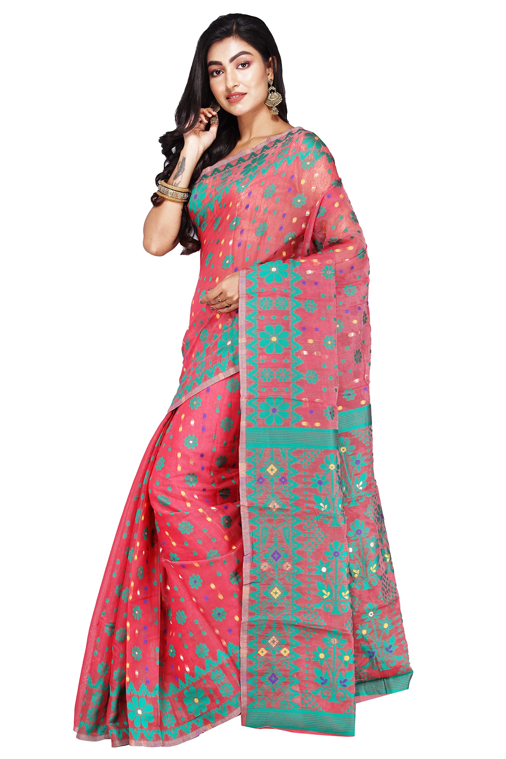 CRAFTONI Small Flower Butik Design Women Dhakai Jamdani Soft Cotton Silk Saree