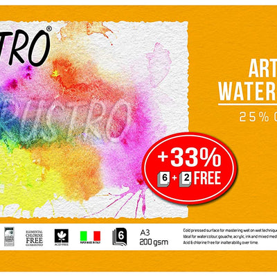Brustro Artists Watercolour Paper, 200 GSM, A3 Size, 25% Cotton CP, 6 + 2 Free Sheets (Pack of 2)