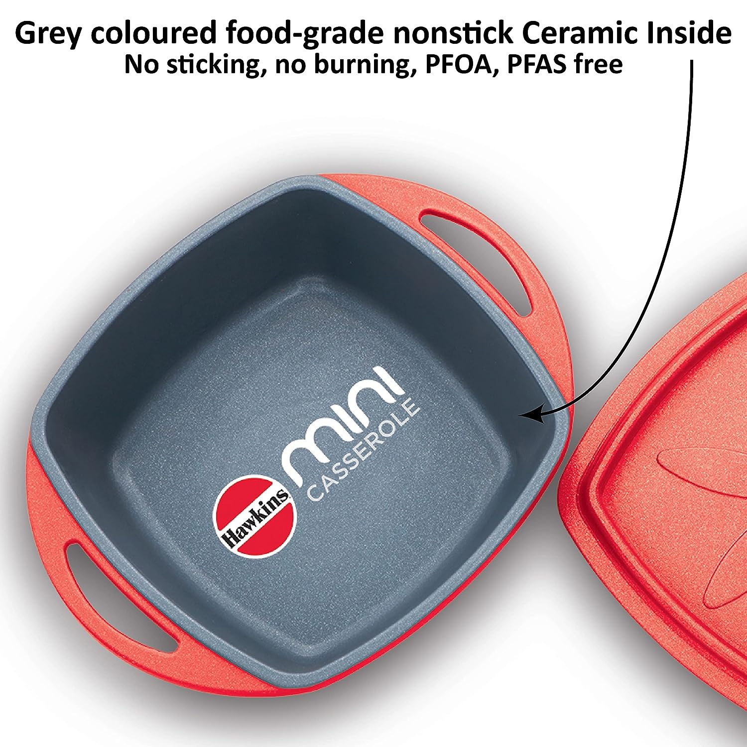 Hawkins 0.75 Litre Mini Casserole with Lid, Square Series Die-Cast pan for Cooking, Reheating, Serving and Storing, Red