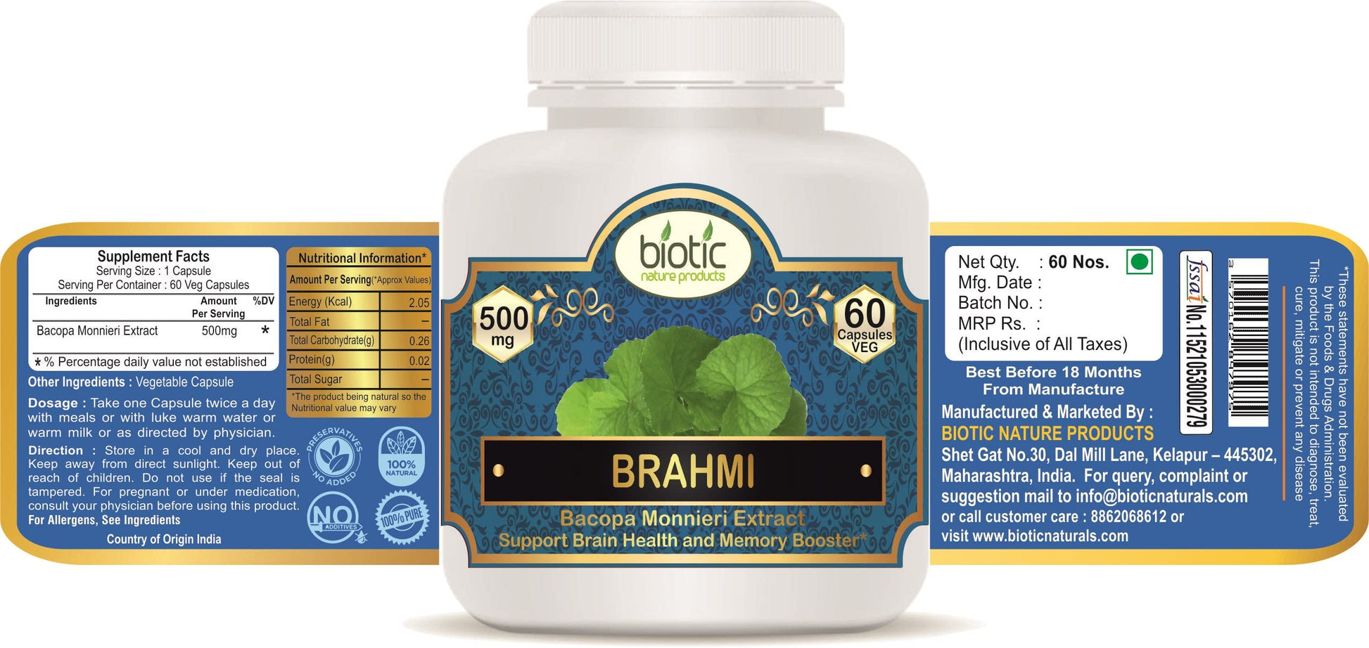 Biotic Brahmi Capsules - Bacopa Monnieri Extract 500mg - 60 Veg Capsules