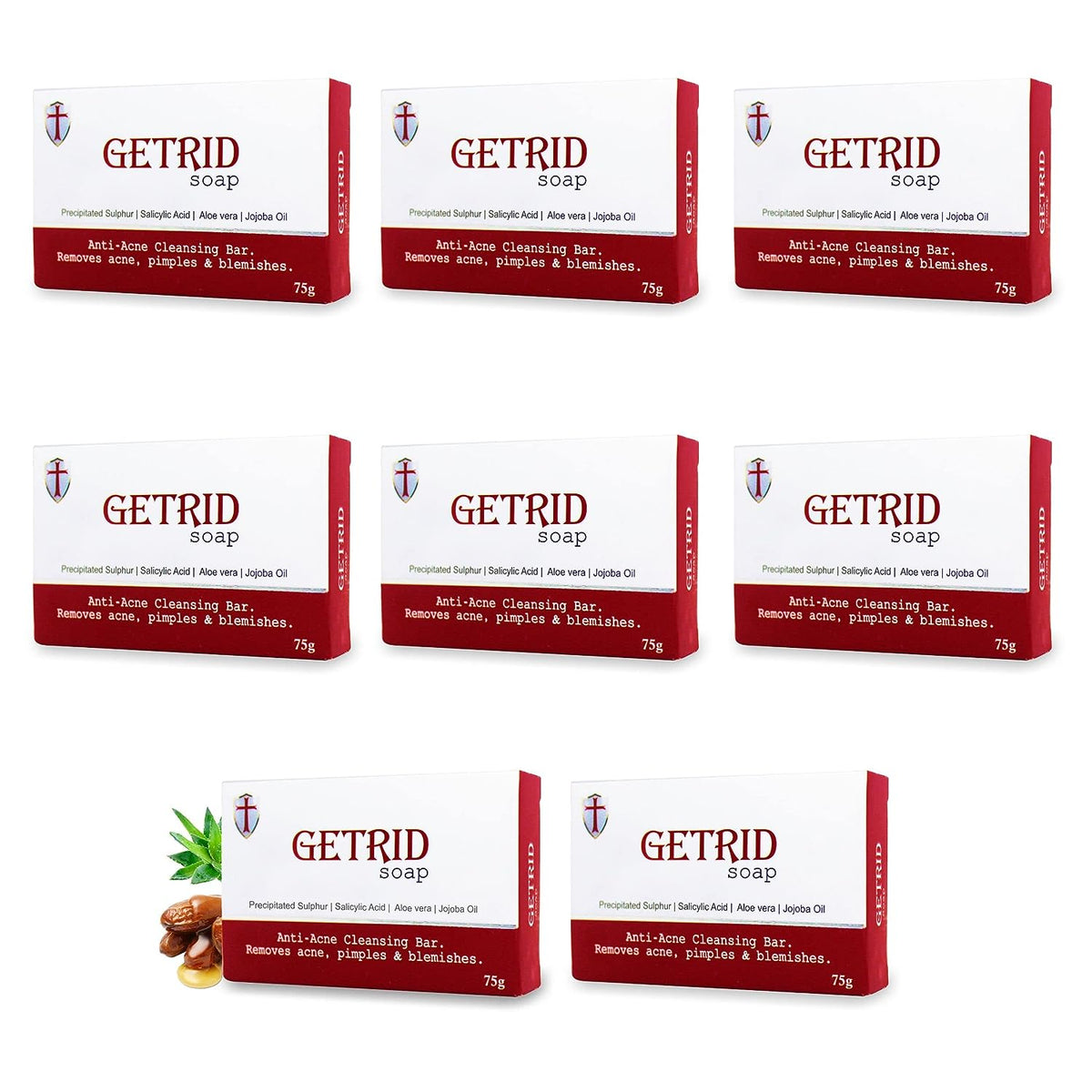 8x Getrid Anti-Acne, Anti-Fungal, Anti-Bacterial & Astringent Face & Body Soap - 75g each - Pack of 8