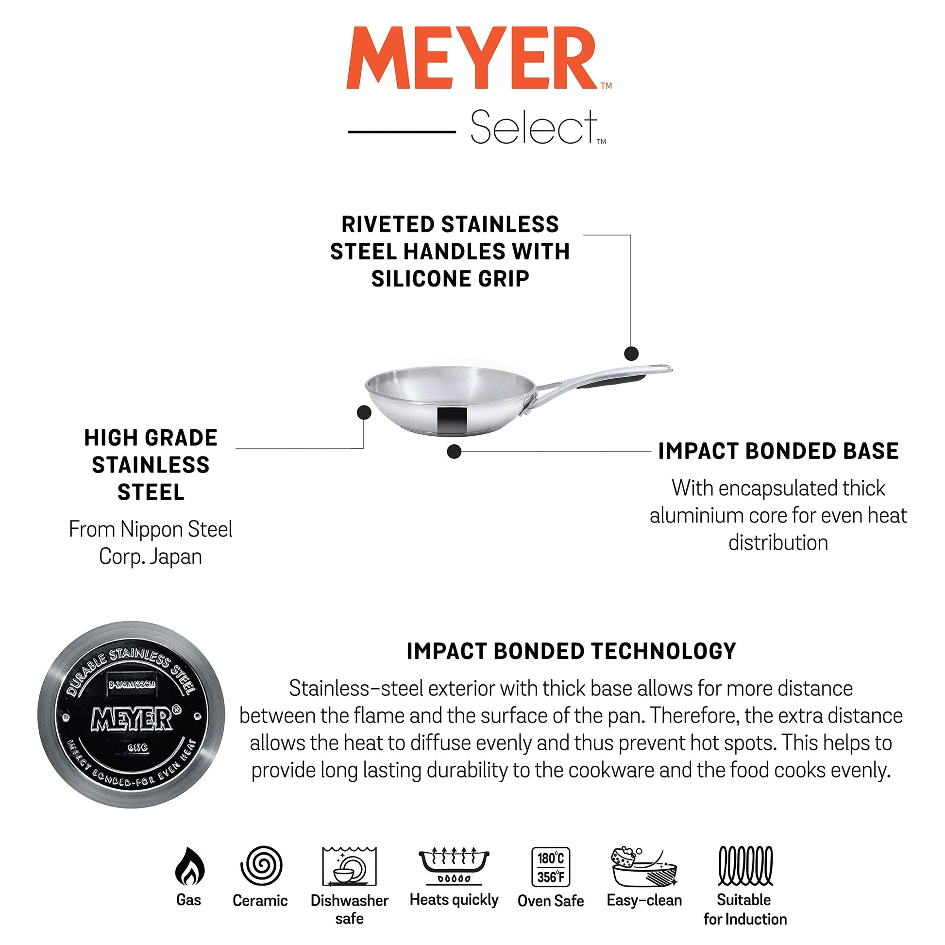 Meyer Select Stainless Steel Open Frypan 26cm (Induction & Gas Compatible)