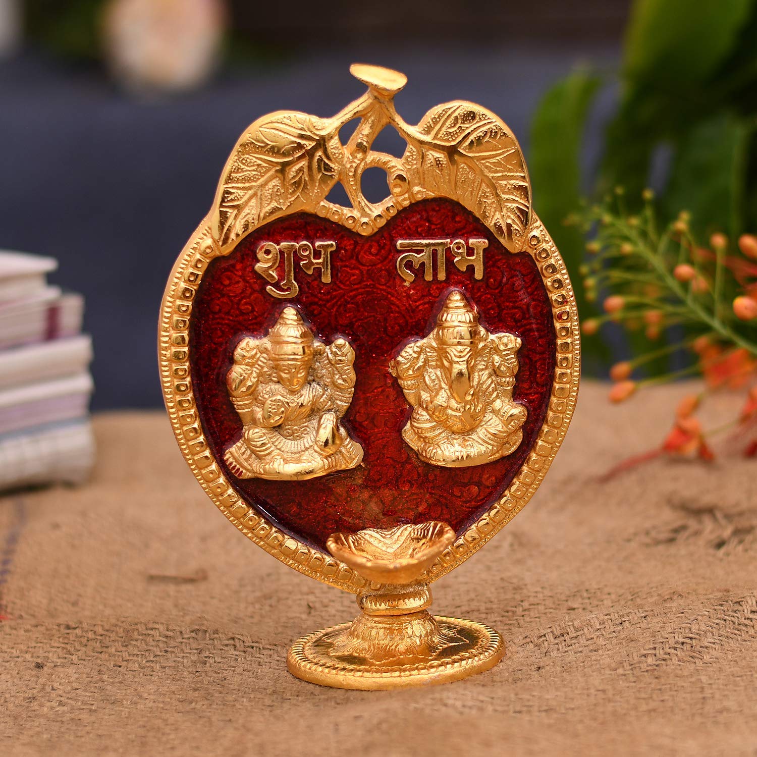 Collectible India Laxmi Ganesha Diya Idol Statue- Brass Gold Finish Diya Oil Lamp Ganesh Lakshmi Showpiece Shubh Labh Home Office Decor Pujan Puja Diwali Decoration (Golden)