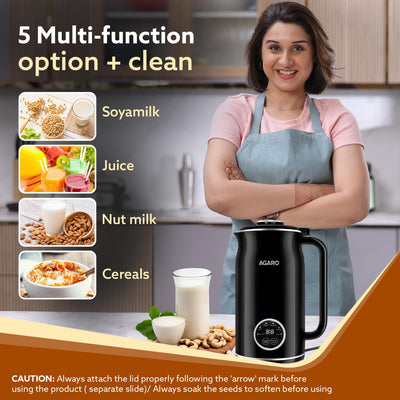 AGARO Regency Automatic Nut Milk Maker, Vegan Milk Machine, Make Vegan Milk From Nuts, Almonds, Soya, Oats etc, Boil Water, Juice, Cereals, Stainless Steel Body, 600ml, Black
