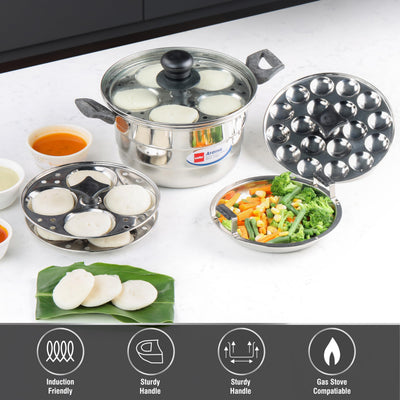 Cello Aroma Stainless Steel Idli Pot with Glass Lid with Multiple Plates 22cm, Silver, 3.5 liter | Compatible With Gas Stove & Induction | Ideal For Dhokla, Patra, Idli, and Momos