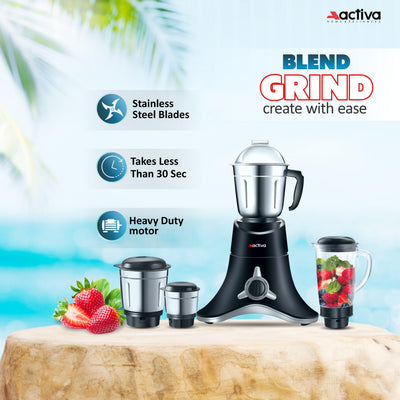 ACTIVA ABS Super Chef 900 Watts Powerful Motor Mixer Grinder With 4 Jars | 2 Years Motor, Black