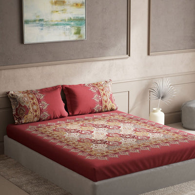 DDecor Red & White Ethnic Motifs Cotton 140 TC King Bedsheet with 2 Pillow Covers