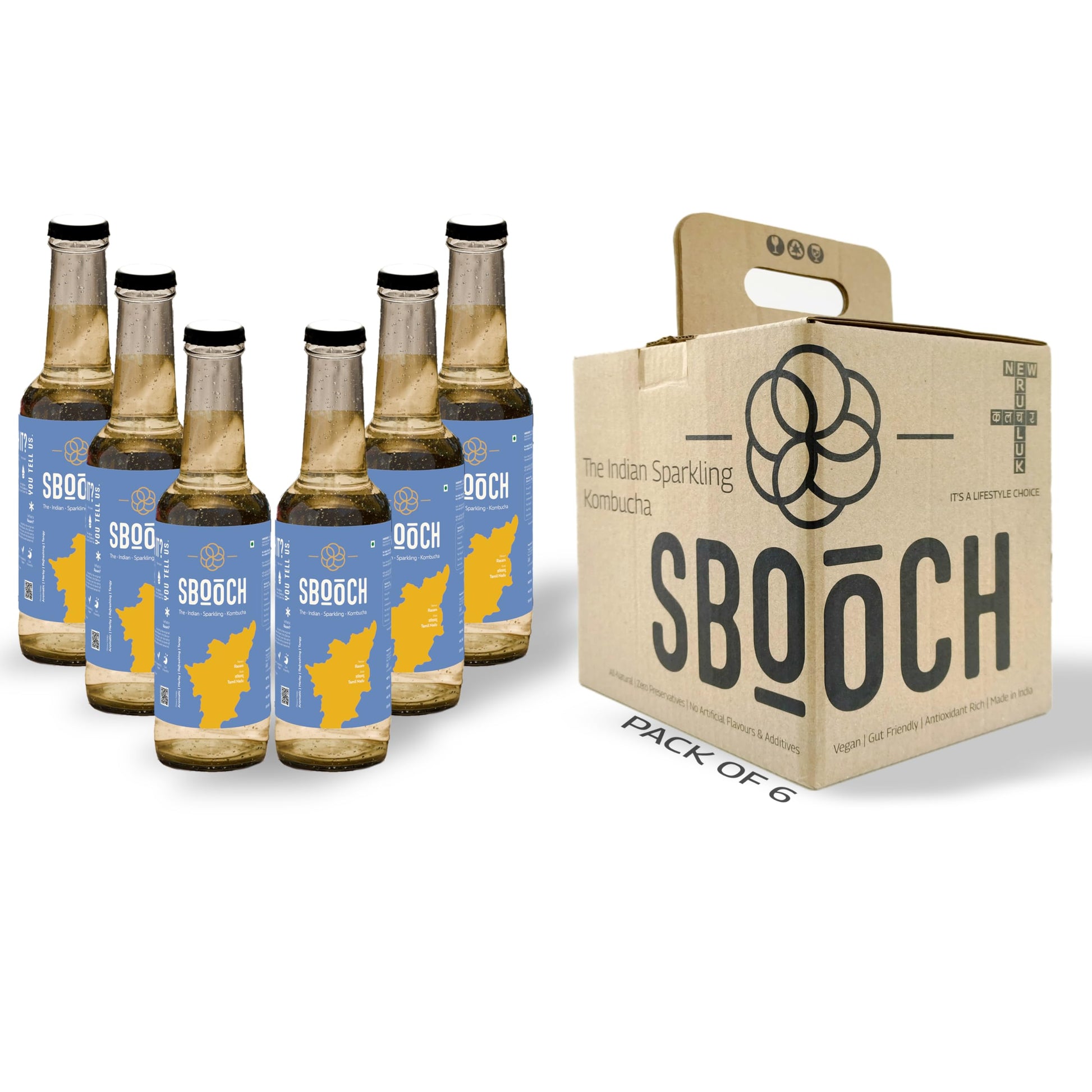 SBOOCH - Indian Sparkling Kombucha Tea | Rasam Flavor |275ml Pack of 6| Gut-Friendly Beverage | Antioxidant-Rich Zero Preservatives | Alcohol-Free Fermented Tea | Vegan & Gluten-Free