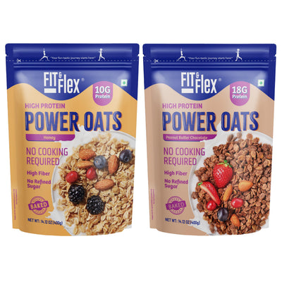 FIT & FLEX High Protein Ready To Eat Oats, Baked Peanut Butter Chocolate & Honey Oats, Zero Refined Sugar, Gluten Free & Preservative Free - As Seen on Shark Tank India - (400 g Each) Assorted Combo Pack of 2