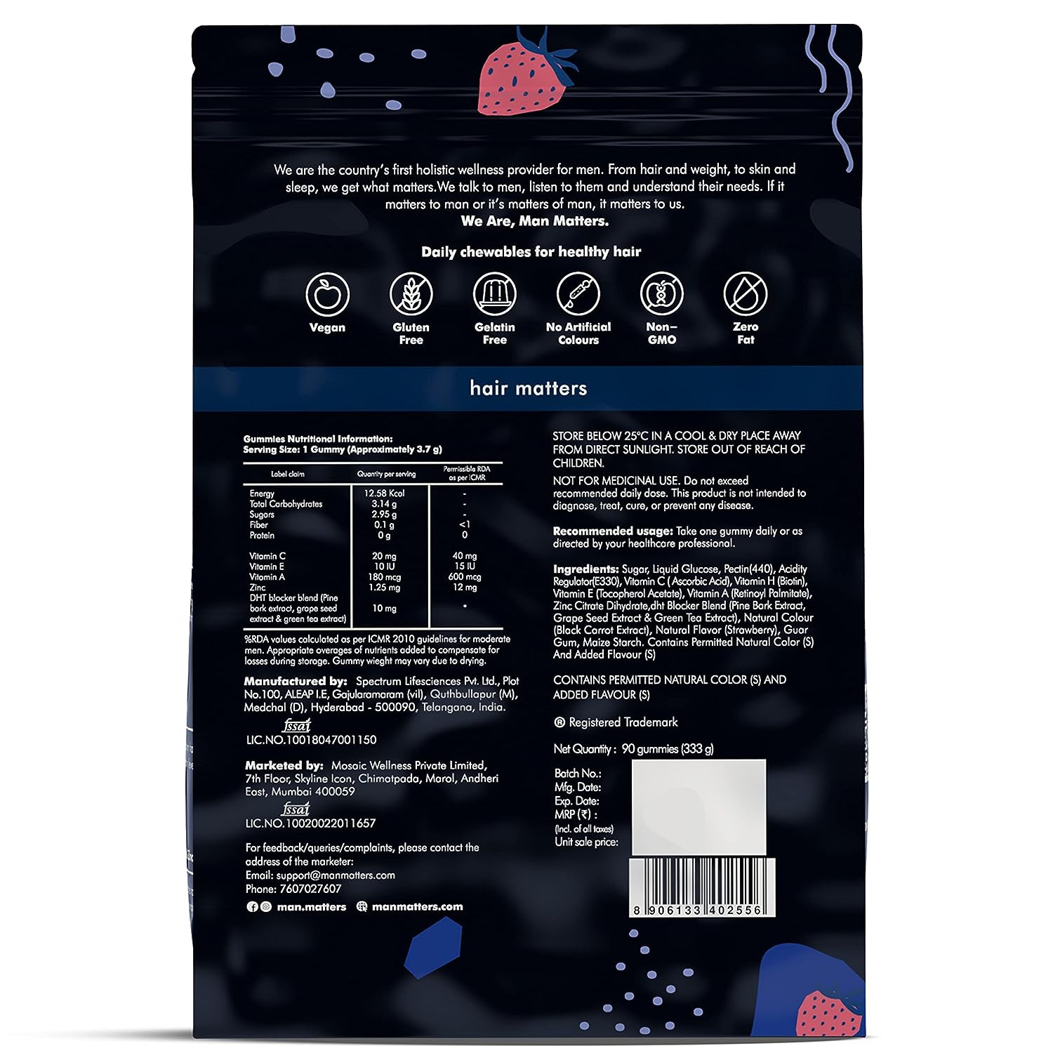 Man Matters DHT Blocker Biotin Gummies for Hair & Beard 90 Day Pack Effectively Blocks DHT With Biotin Vitamin A, C, E & Zinc For Healthy & Strong Hair Strawberry Flavored 100% Vegetarian
