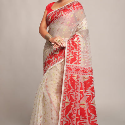 BENGAL HANDLOOM Women'S Cotton Silk Softs Dhakai Jamdani Sarees (White & Red)