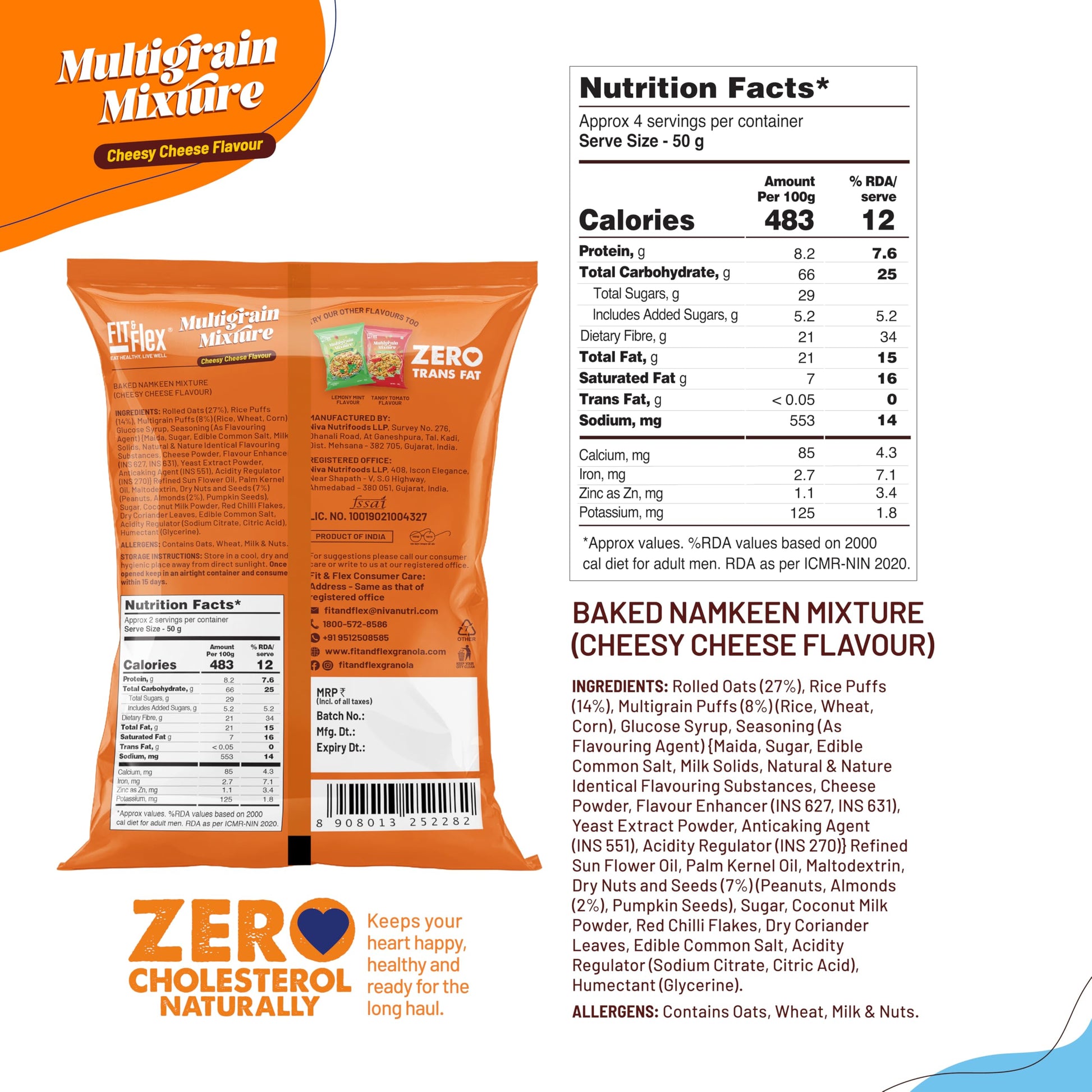 Fit & Flex Baked Multigrain Lemony Mint, Tangy Tomato & Cheesy Cheese Namkeen Mixture, Healthy Snacks With Zero Cholesterol, Tasty Party Snacks - As Seen on Shark Tank India - 100 g (Pack of 6)