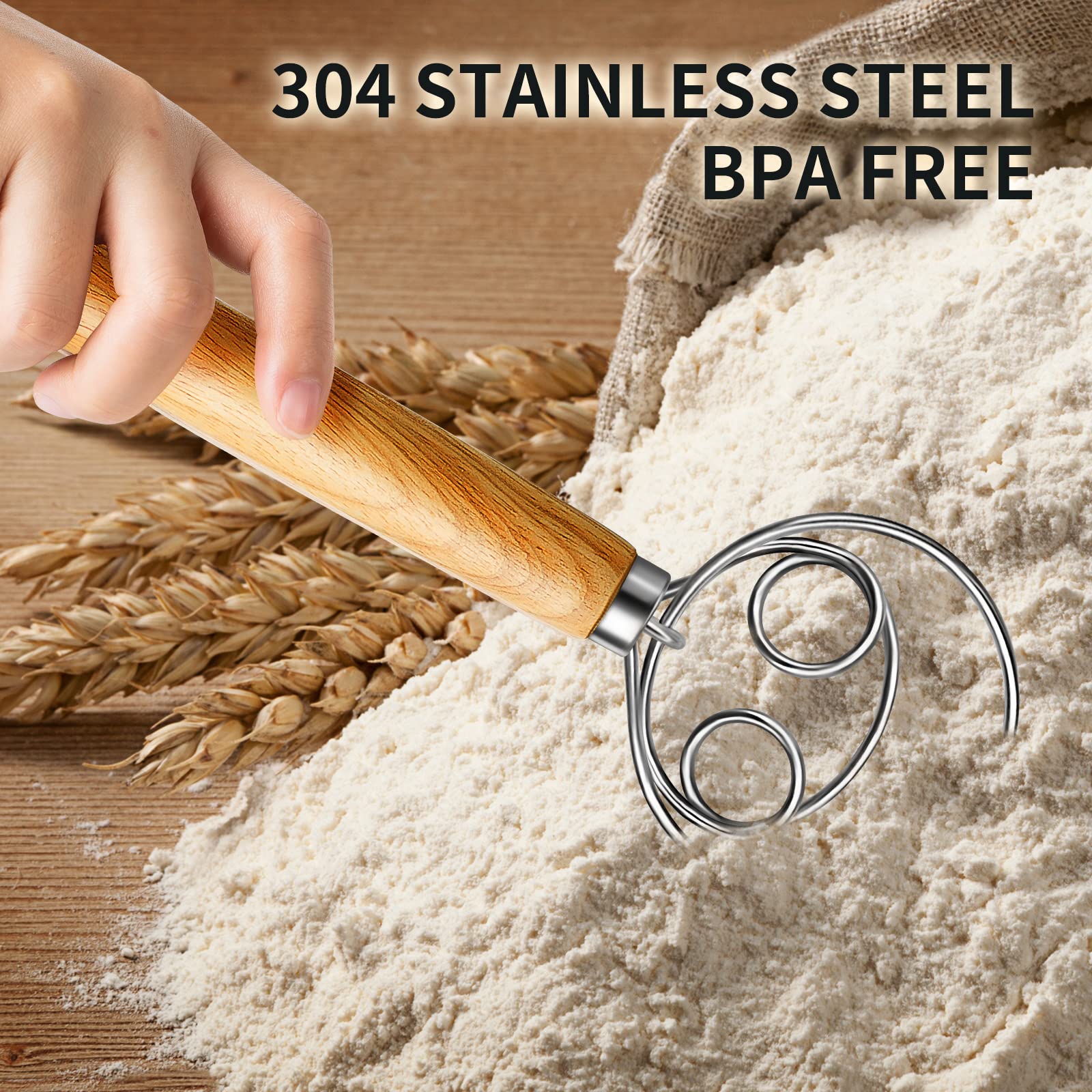 (More Efficient) TeeVea Danish Dough Whisk Stainless Steel Dutch Style Bread Dough Hand Mixer Blender Wooden Handle Kitchen Baking Tools Artisian Blender