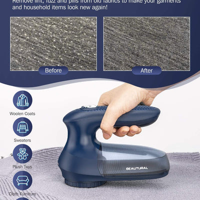 BEAUTURAL Sweater Fabric Shaver Home-Edition, Powerful & Efficient Lint Remover for Clothes and Furniture, AC Adapter or Battery Powered Pill Fuzz Remover Dark Blue