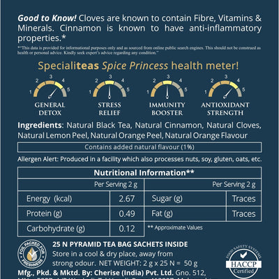 Cherise Specialiteas Spice Princess Citrus Cinnamon Clove Herbal Black Tea (2 g x 25 Pyramid Tea Bags)