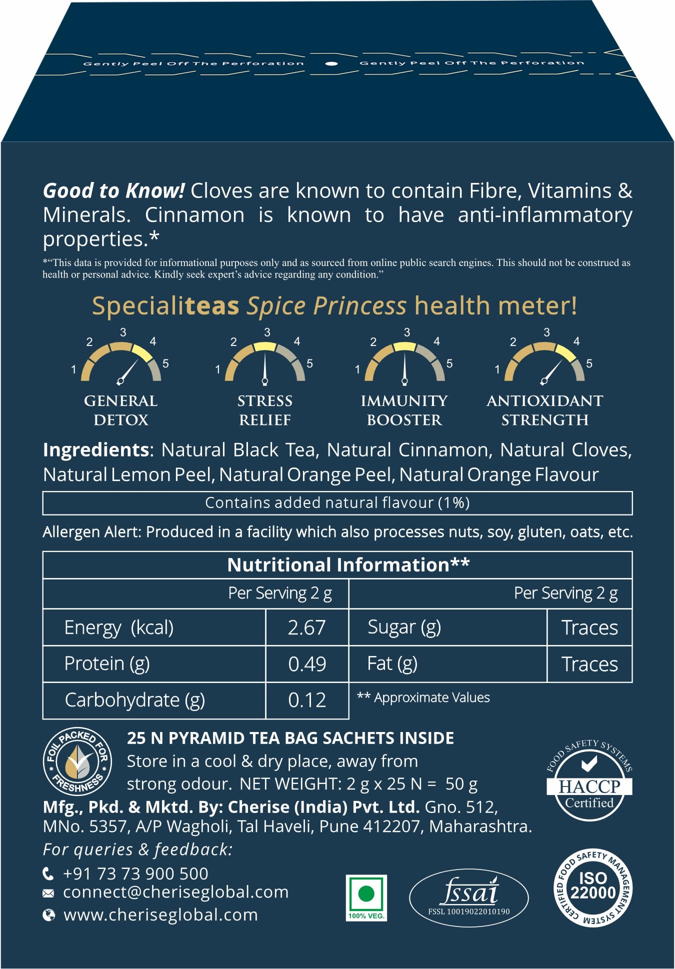 Cherise Specialiteas Spice Princess Citrus Cinnamon Clove Herbal Black Tea (2 g x 25 Pyramid Tea Bags)
