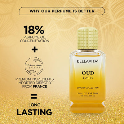 Bella Vita Luxury OUD GOLD Eau De Parfum Intense Perfume with Caramel, Rose, Vanilla,Sandalwood|Premium, Long Lasting Oriental Fragrance for Men 100ML