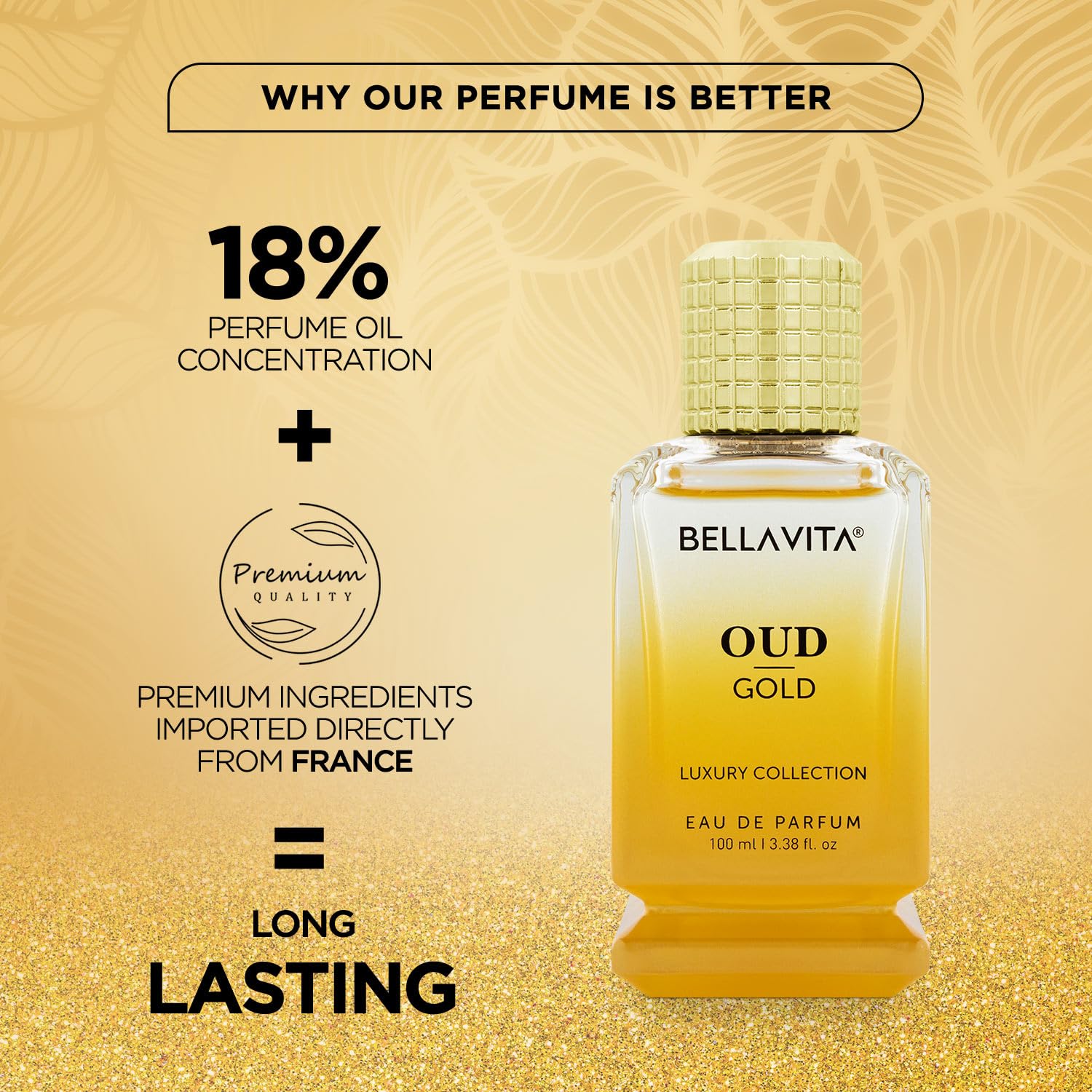 Bella Vita Luxury OUD GOLD Eau De Parfum Intense Perfume with Caramel, Rose, Vanilla,Sandalwood|Premium, Long Lasting Oriental Fragrance for Men 100ML